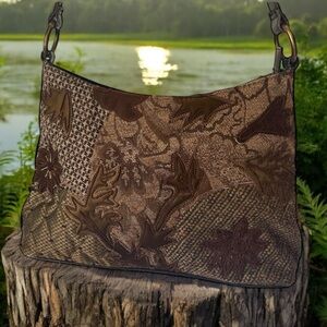 Bueno vintage foliage flower leaf tapestry beaded woven tote handbag